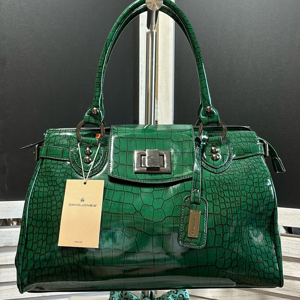 David Jones Croc Embossed Handbag, Hunter Green, PU Material, NWT, 15x10